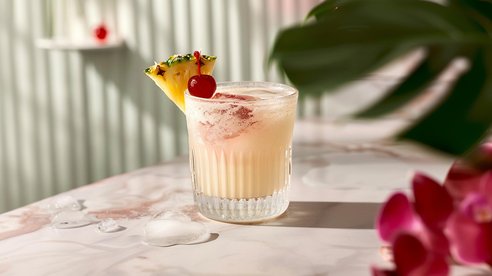Auf dem Bild ist ein Glas zu sehen, gefüllt mit einem lecker aussehenden Bananen-Kokos-Cocktail. Neben dem Glas liegen eine halbe Banane und eine Zitrone, die zur Dekoration dienen. Ein paar Minzblätter sorgen für zusätzliche Frische. Die Farben des Cocktails und der frischen Zutaten wirken harmonisch und ansprechend. Die Szene strahlt eine sommerliche Atmosphäre aus und macht Lust darauf, diesen exotischen Cocktail zu probieren.