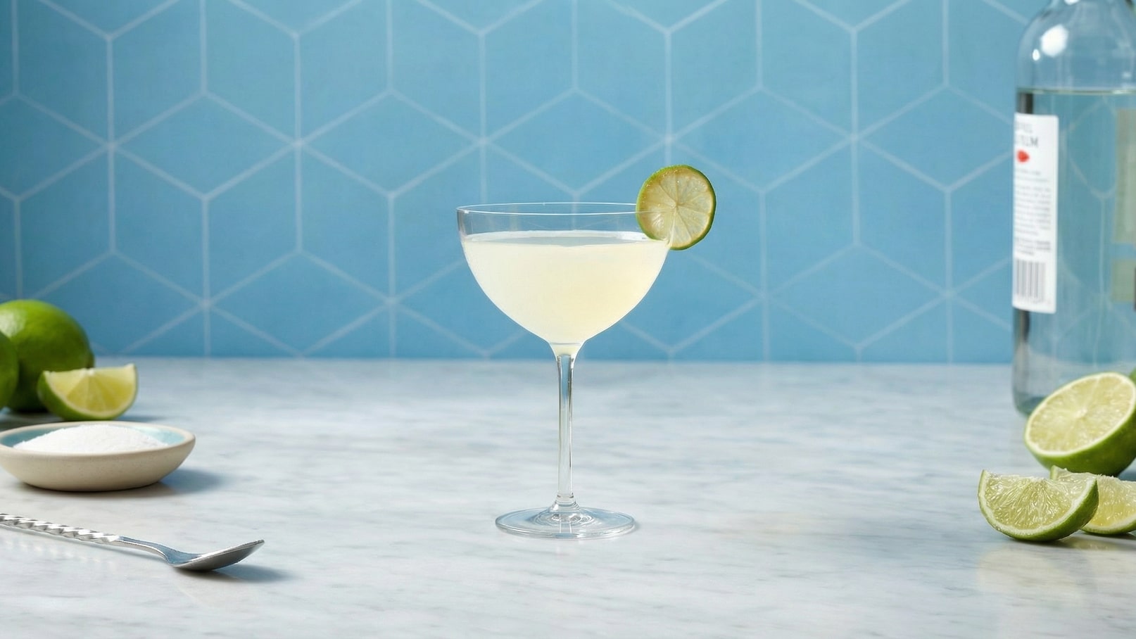 Ein elegantes Cocktailglas mit einem hellen Getränk ist vor einem blauen Hintergrund platziert. Am Glas hängt eine Limettenscheibe. Neben dem Glas liegen frische Limetten und eine kleine Schale mit Zucker auf einer marmorierten Oberfläche.