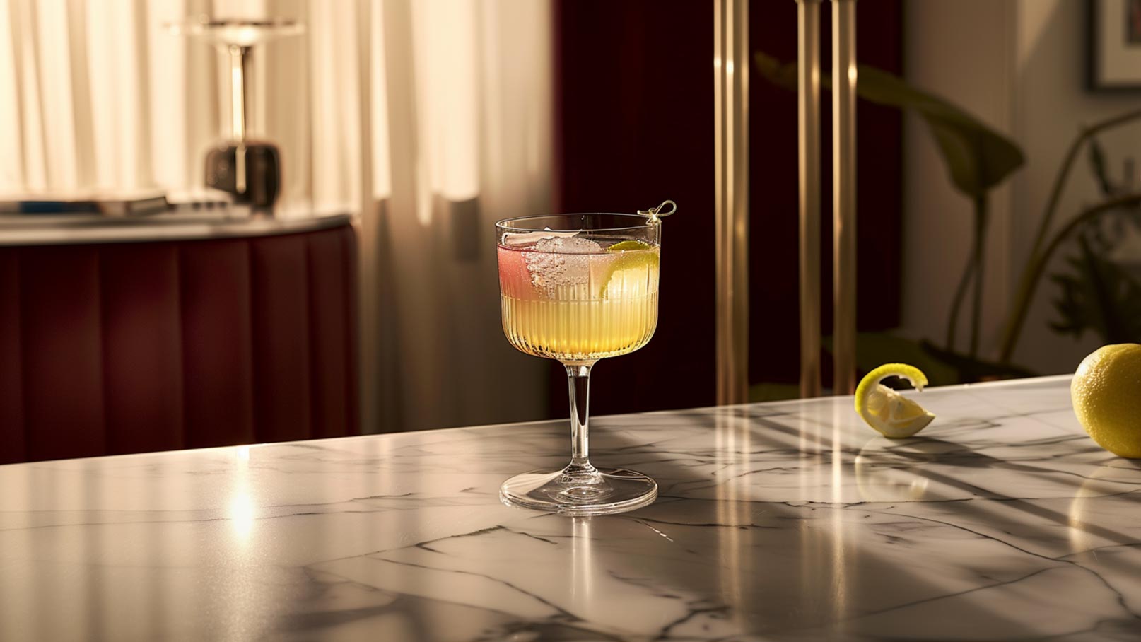 Das Bild zeigt ein edles, mit einem Daiquiri Cocktail gefülltes Glas, das kunstvoll mit getrockneten Zitronenscheiben und frischem Basilikum dekoriert ist. Neben dem Glas liegen weiterhin getrocknete Zitronenscheiben, frisches Basilikum und Würfelzucker, was dem Gesamtbild eine elegante und ansprechende Note verleiht. Der Cocktail strahlt Frische und Genuss aus und lädt dazu ein, sich daran zu erfreuen.