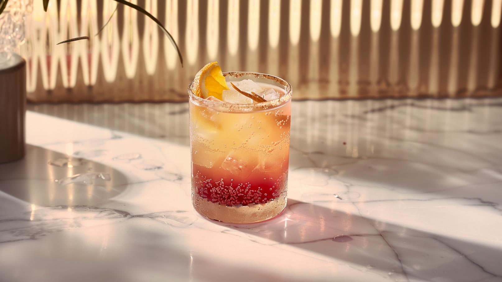 Ein Getränk im Glas steht auf einer marmorierten Oberfläche. Es enthält Eiswürfel und hat eine mehrschichtige Farbgebung von rot bis gelb. Eine Orangenscheibe ziert den Rand des Glases. Im Hintergrund sind Licht und Schatten durch vertikale Jalousien sichtbar.