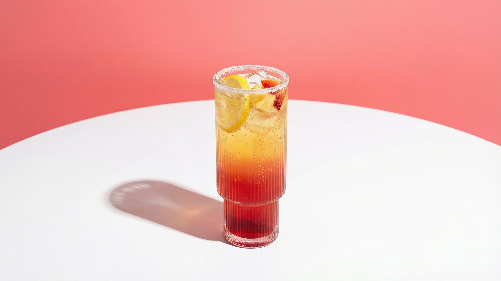 Ein hoher, gestreifter Glasbecher mit einem mehrschichtigen Getränk, das von hellem Gelb oben nach rot unten verläuft. Oben schwimmen Eiswürfel und Zitronenscheiben. Der Hintergrund ist in sanften Rosa-Tönen gehalten, und die Glasoberfläche reflektiert leicht.