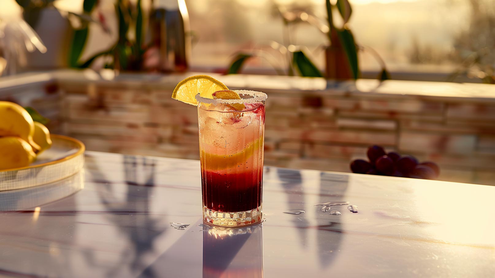 Das Bild zeigt ein elegantes Glas, gefüllt mit Spritz, garniert mit echten Trauben und Eiswürfeln. Neben dem Glas sind viele frische Trauben zu sehen, die das erfrischende Getränk ergänzen. Die Trauben verleihen dem Spritz nicht nur eine dekorative Note, sondern auch eine fruchtige und aromatische Komponente. Die Kombination aus dem spritzigen Getränk, den Trauben und den Eiswürfeln sorgt für ein erfrischendes und geschmackvolles Trinkerlebnis.