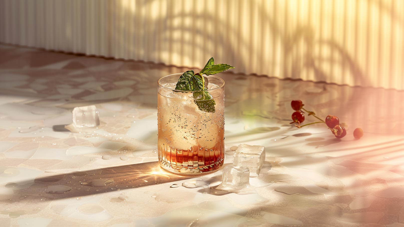 Ein Glas mit einem erfrischenden Getränk, das Eiswürfel und einen Minzblatt enthält, steht auf einem glatten Untergrund. Um das Glas sind einige Wasserflecken und ein paar Kirschen verteilt. Sanftes Licht erzeugt dekorative Schatten.