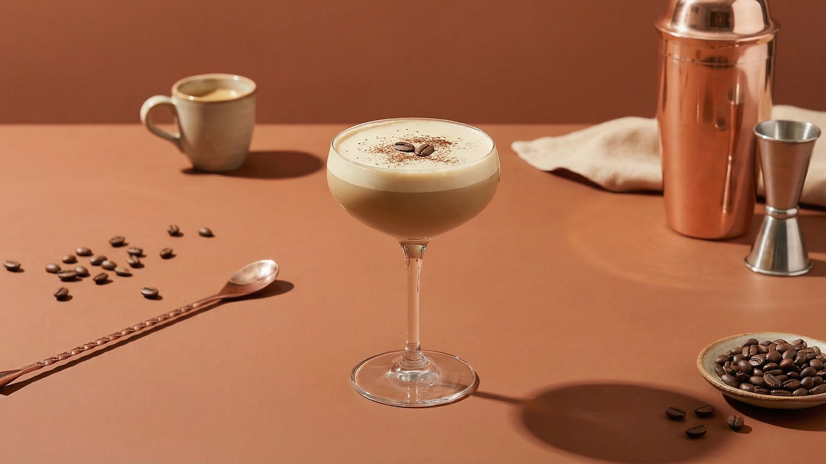 Ein elegantes Cocktailglas mit einem cremigen Kaffee-Drink, garniert mit Kaffeebohnen und Kakaopulver, steht auf einer braunen Oberfläche. Im Hintergrund ist eine kleine Tasse Kaffee und einige Kaffeebohnen auf dem Tisch zu sehen.