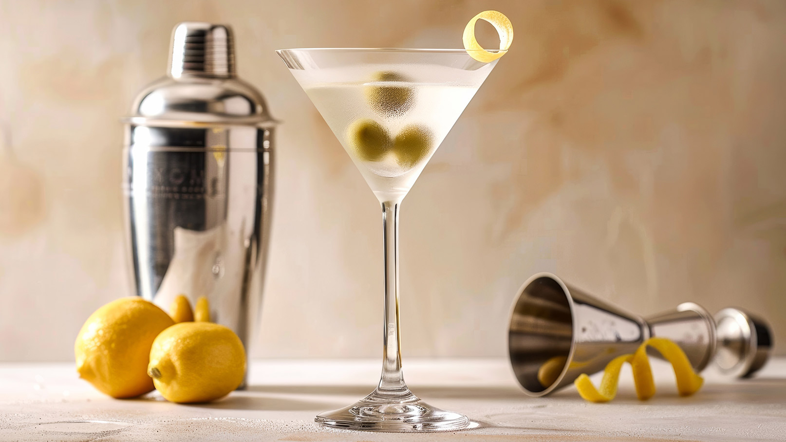 Auf dem Bild steht im Fokus ein elegantes Martini-Glas, gefüllt mit dem klassischen Martini-Cocktail und Oliven als Garnitur. An der Glasrand befindet sich eine Zitronenschale, die für einen erfrischenden Zitrusduft sorgt. Um das Glas herum liegen Zitronen, ein Cocktailmixer und ein Messbecher, die für die Zubereitung des Cocktails verwendet wurden. Die stilvolle Präsentation des Martinis und die frischen Zutaten verleihen dem Bild eine elegante und ansprechende Optik.