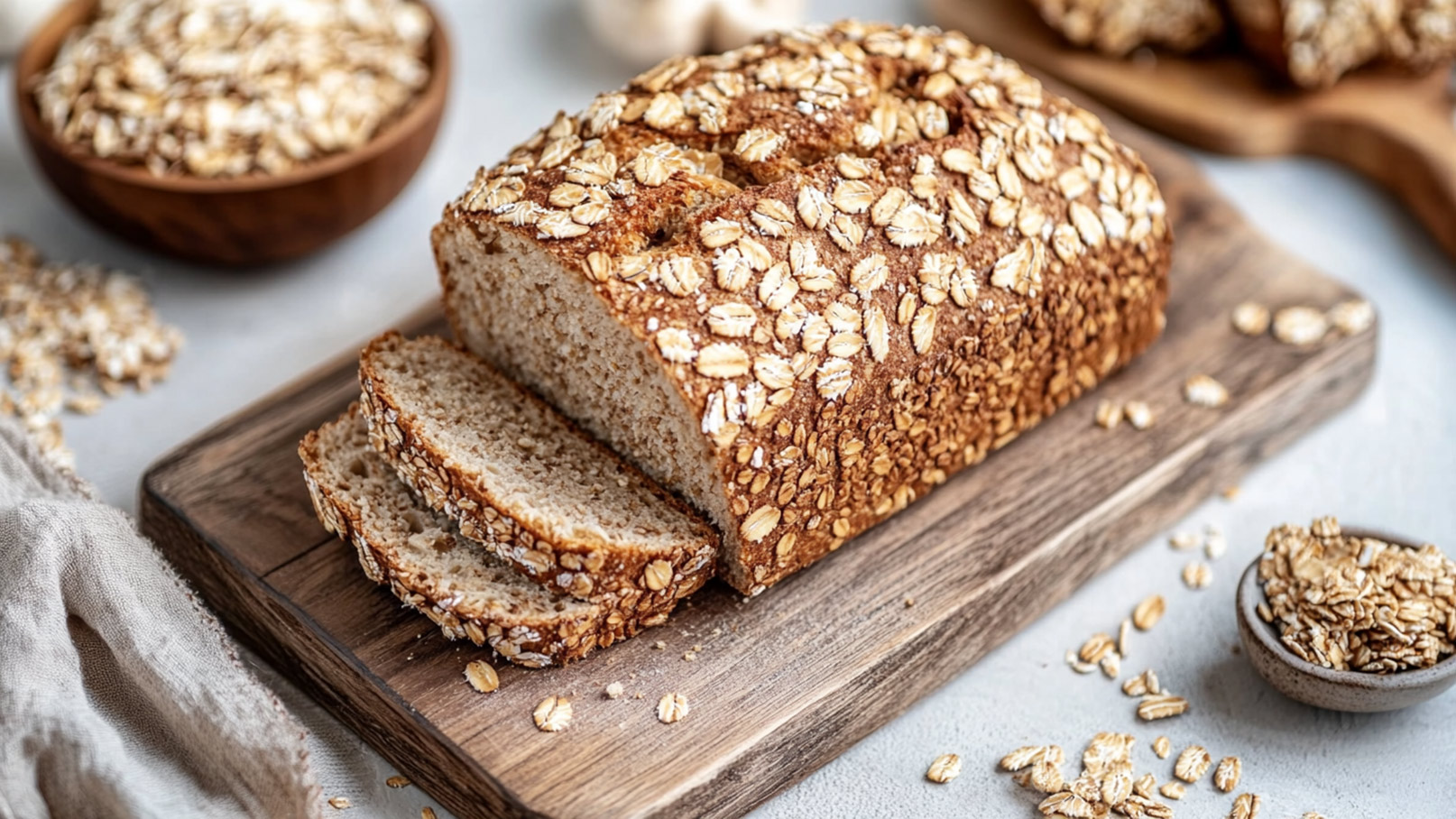 Ein ballaststoffreiches Müsli-Brot mit einer Vielzahl von Kernen liegt dekorativ auf einem rustikalen Holzbrett vor einem schwarzen Hintergrund. Die gesunde und nahrhafte Zusammensetzung des Brotes wird durch die vielfältigen Samen und Körner betont. Die Präsentation betont die Natürlichkeit und Qualität des Brotes und lädt zum Genießen ein. Ideal für Gesundheitsbewusste und Liebhaber von ballaststoffreichen Backwaren.