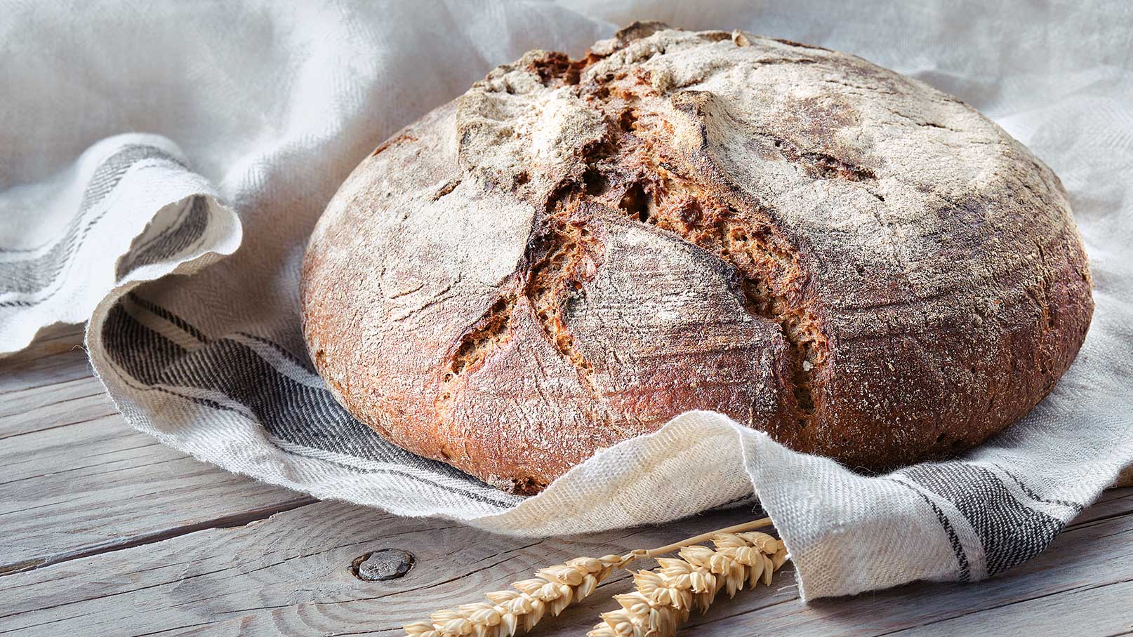 Auf dem Bild liegt ein Bergbauernbrot auf einem rustikalen Tuch, das von zwei Getreidestängeln umrahmt wird. Die Darstellung vereint die rustikale Optik des Brotes mit natürlichen Elementen, was die Authentizität und ländliche Herkunft des Brotprodukts betont. Ideal für Liebhaber von handwerklich gebackenem Brot und einem Hauch von Naturverbundenheit.