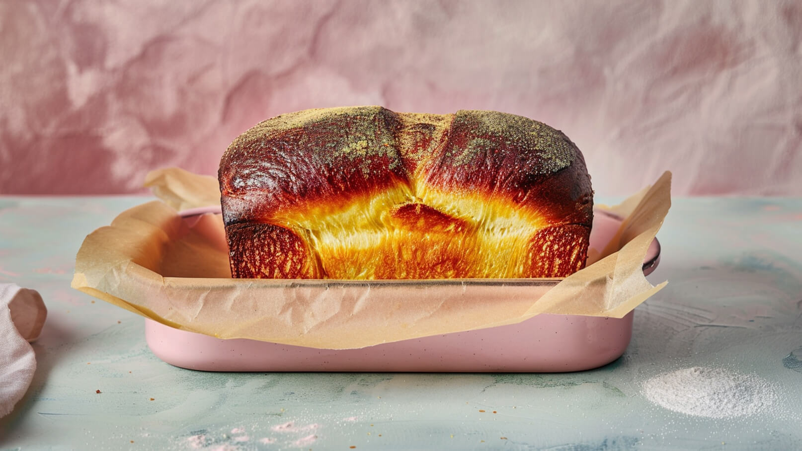 Ein frisch gebackenes Brot in einer rosa Backform, umgeben von Backpapier. Das Brot hat eine goldbraune, knusprige Kruste mit einer leicht glänzenden Oberfläche und einem warmen, einladenden Aussehen. Der Hintergrund ist blass und unscharf.