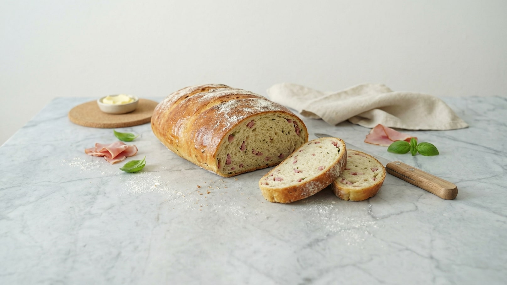 Ein frisch gebackenes Brot mit sichtbaren Stückchen von Schinken liegt auf einer Arbeitsfläche. Ein paar Scheiben sind bereits geschnitten. Daneben befinden sich ein Stück Butter, einige Basilikumblätter und ein Stück Aufschnitt. Der Hintergrund ist hell und neutral.