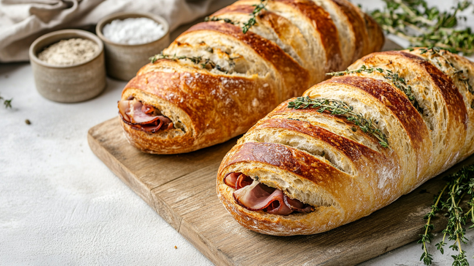Das Bild zeigt ein Gitter, das mit einem luftigen, frisch gebackenen Brot bedeckt ist. In dem Brotteig ist großzügig geschnittener Schinken, der verführerisch duftet. Es sind zwei Stücke des Brotes zu erkennen, wobei das zweite Stück elegant über das erste Stück gelegt ist. Die goldene Kruste des Brotes und der saftige Schinken bilden eine ansprechende und delikate Komposition auf dem Gitter.