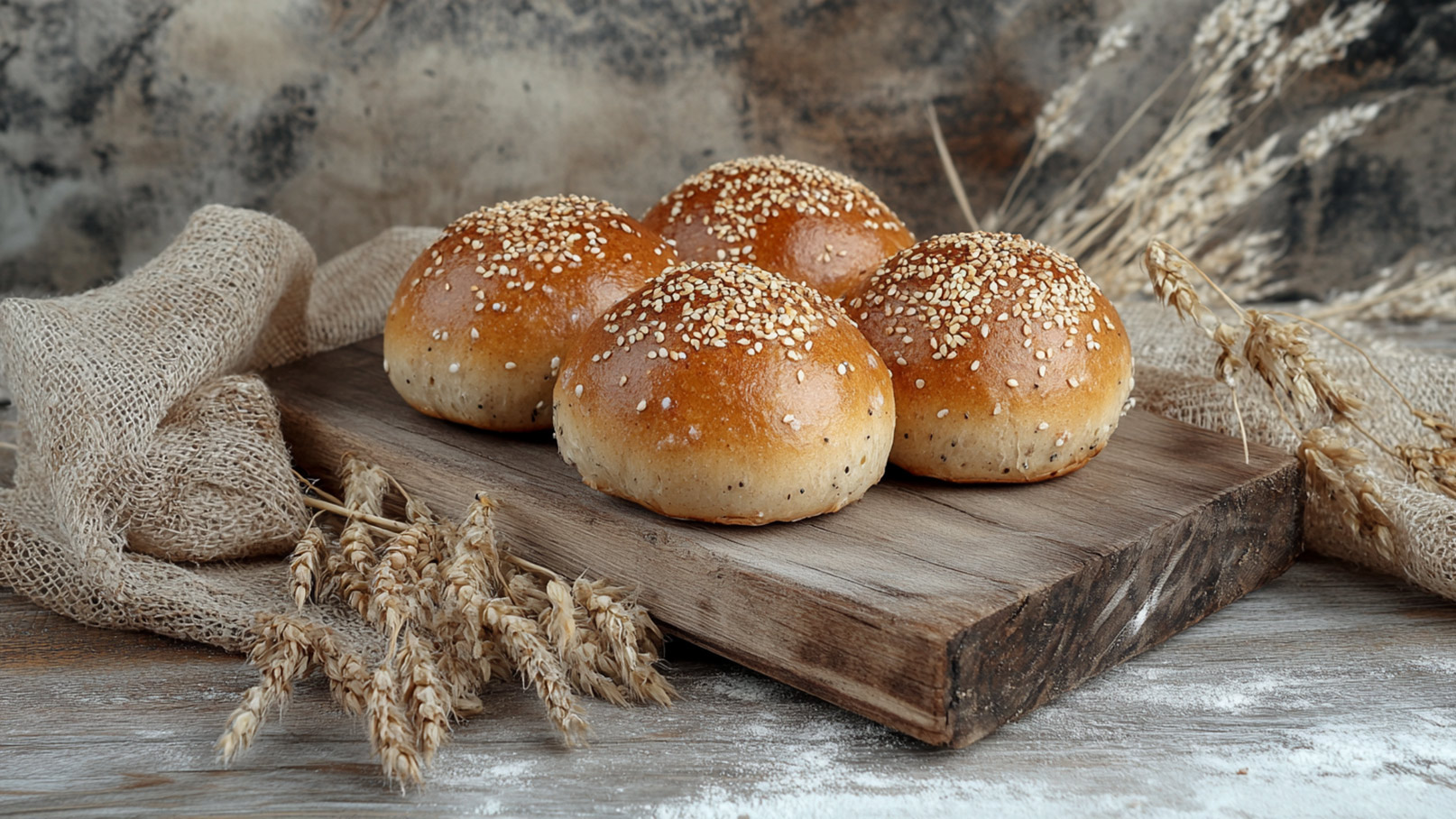 Frisch gebackene Brötchen mit Sesam sind auf einem Holzbrett platziert. Im Hintergrund sind getrocknete Weizenähren und Juteschnüre sichtbar, die eine rustikale Atmosphäre schaffen. Die Brötchen haben eine goldbraune Kruste und sind weich.