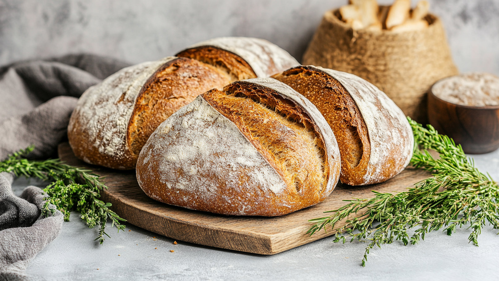 Auf dem Bild liegt ein duftendes Roggenbrot auf einem rustikalen Holzbrett. Das Brot ist bereits aufgeschnitten, und zwei Scheiben sind locker auf dem Holzbrett platziert. Neben dem Brot liegen einige Körner getrockneten Getreides, die die Zutaten des Brotes repräsentieren. Ebenso ist Pfeffer zu sehen, der zur Verfeinerung des Geschmacks dient. 