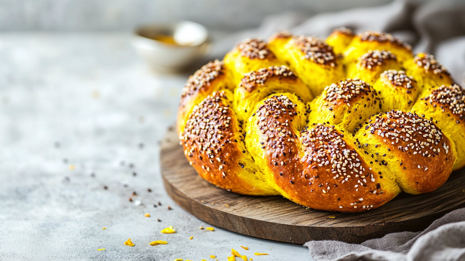 Ein goldbrauner Zopf aus Brot sitzt auf einem Holzbrett. Die Oberfläche ist mit verschiedenen Saaten bestreut, die für einen knusprigen Effekt sorgen. Der Hintergrund ist unscharf, mit einem Tuch und einem kleinen Schälchen möglicherweise für Besteck oder Aufstrich.