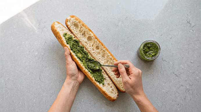 Hände bestreichen ein aufgeschnittenes Baguette mit grünem Kräuterpesto; ein Glas Pesto steht daneben.
