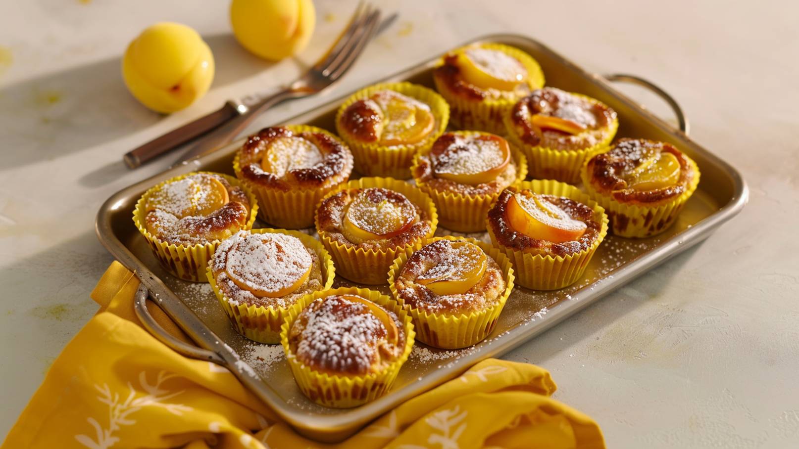 Auf einem Metallsheet befinden sich mehrere goldene Muffins in gelben Förmchen, die mit Puderzucker bestreut sind. Einige Muffins sind mit Scheiben von Pfirsichen dekoriert. Im Hintergrund liegen eine Gabel und zwei gelbe Früchte.