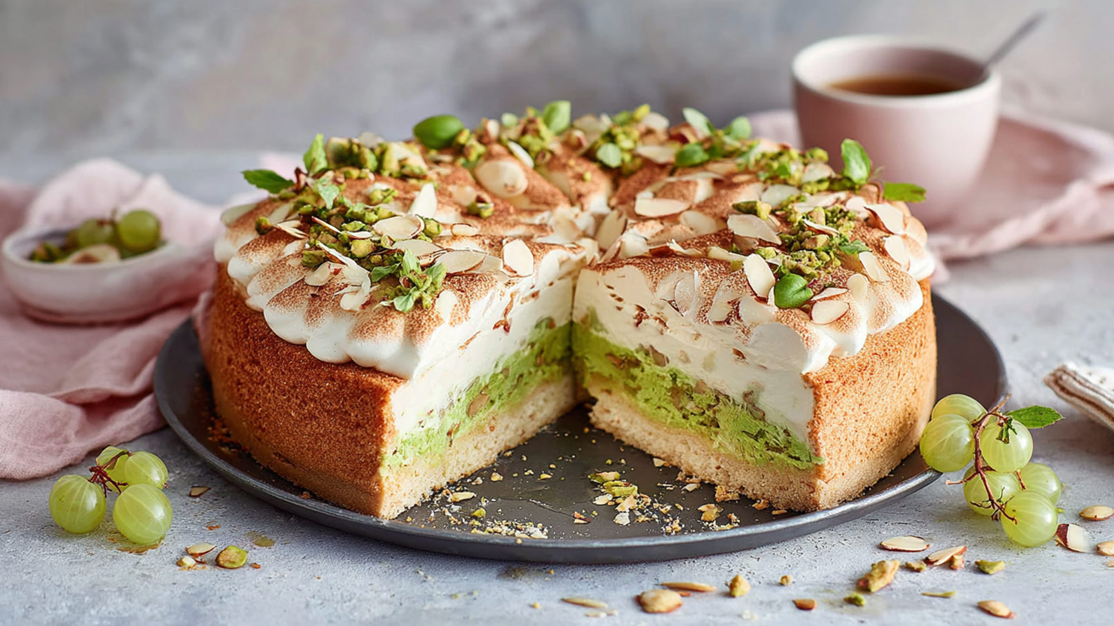 Auf einem grauen Teller liegt ein saftiger, mehrschichtiger Kuchen mit grüner Füllung, dekoriert mit Schlagsahne, gehackten Pistazien und Mandelsplittern. Neben dem Kuchen sind grüne Trauben und ein rosa Tuch zu sehen. Im Hintergrund steht eine Tasse Tee.