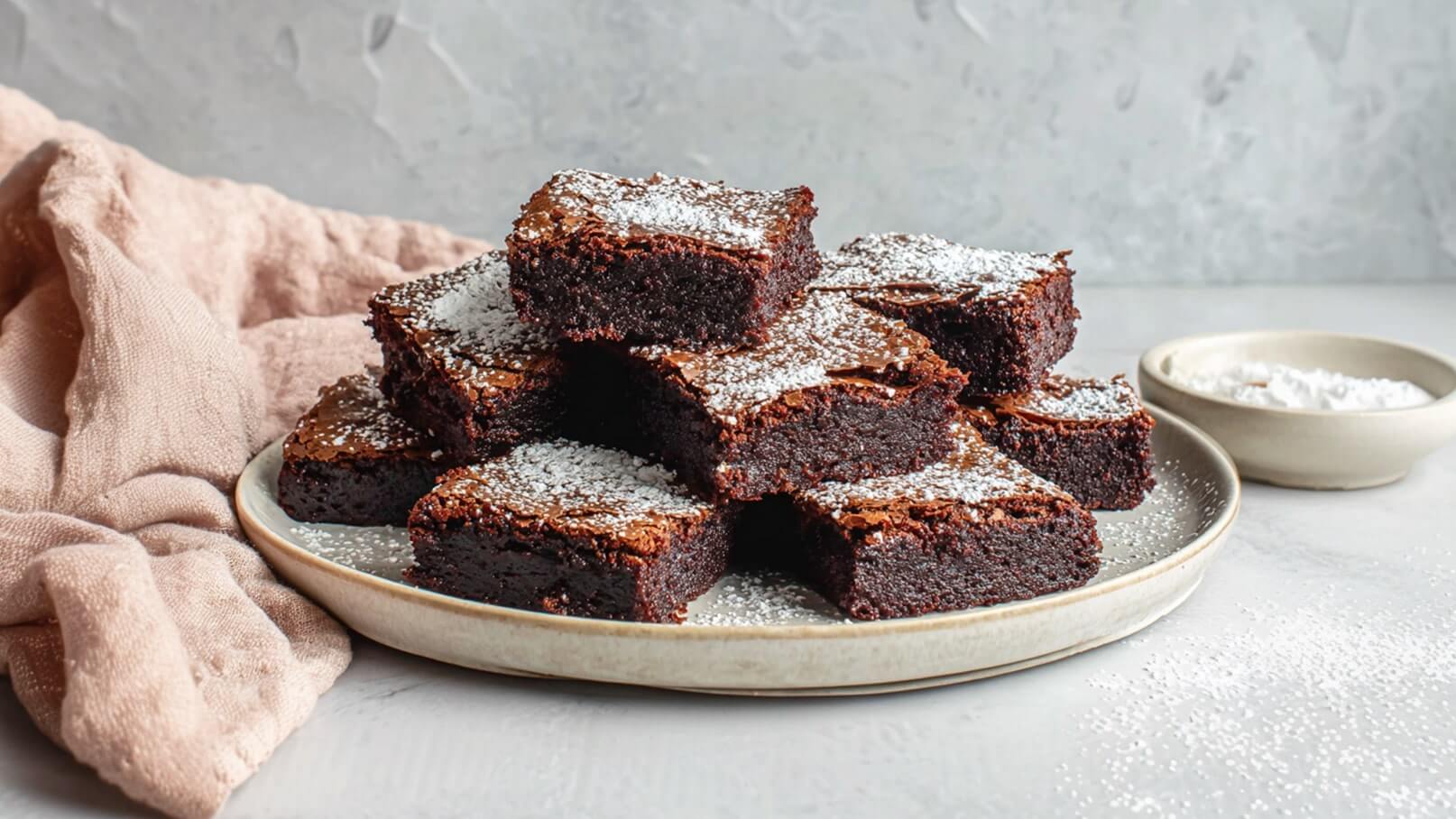 Ein Teller mit mehreren saftigen Brownies, die mit Puderzucker bestreut sind. Die Brownies sind in gleichmäßige Stücke geschnitten und liegen übereinander. Im Hintergrund befindet sich eine kleine Schale mit zusätzlichem Puderzucker.