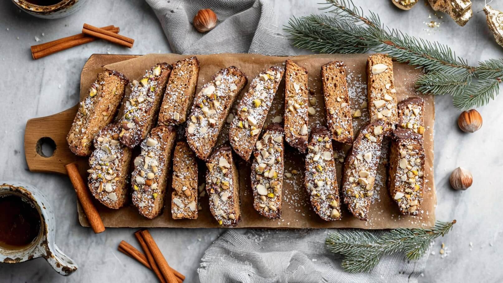 Auf einem Holzbrett liegen mehrere Biscotti, die mit Schokolade überzogen und mit Nüssen sowie Puderzucker garniert sind. Im Hintergrund sind Zimtstangen und einige Nüsse sichtbar, zusammen mit einem grauen Tuch und einer Tasse.