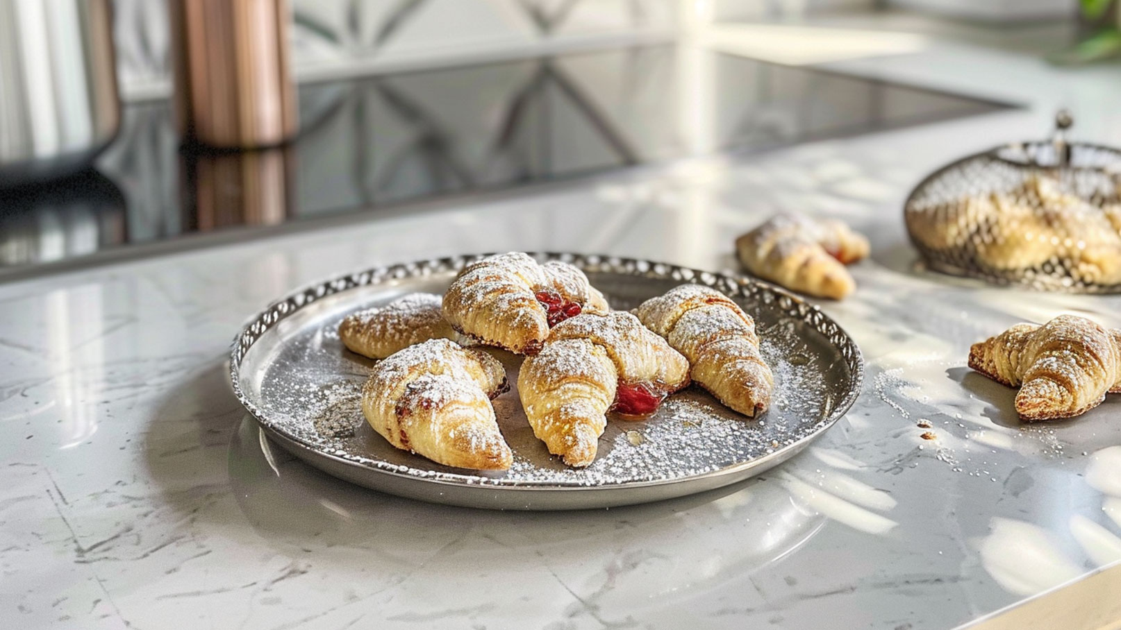 Auf einem silbernen Teller liegen mehrere frisch gebackene Croissants, die mit Puderzucker bestäubt sind. Einige haben eine fruchtige Füllung, die an den Seiten hervorschaut. Der Teller steht auf einer eleganten, hellen Küchenoberfläche.
