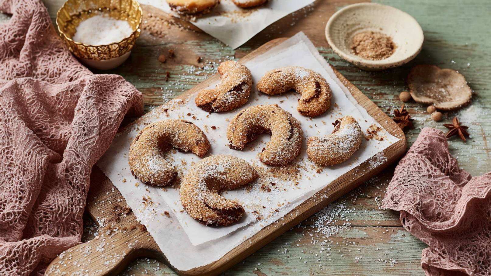 Stell dir einen eleganten weißen Teller vor, der gefüllt ist mit goldbraunen Lebkuchen-Kipferln. Die halbmondförmigen Plätzchen glänzen leicht und sind mit Puderzucker bestäubt. Rund um den Teller liegen frische Tannenzweige, die einen schönen Kontrast zu den warmen Farben der Kipferln bieten.