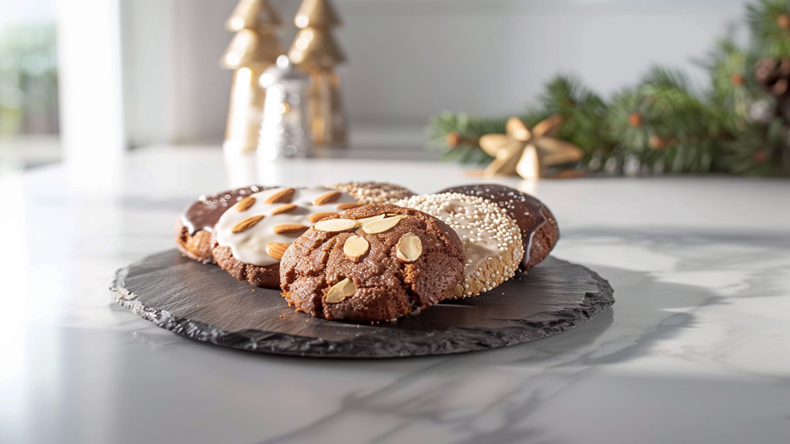 Eine Auswahl an verschiedenen Keksen auf einem schwarzen Servierteller. Die Kekse sind mit Schokolade, Zuckerguss und Mandeln dekoriert. Im Hintergrund sind unscharfe Weihnachtsdeko-Elemente sichtbar, die eine festliche Atmosphäre schaffen.