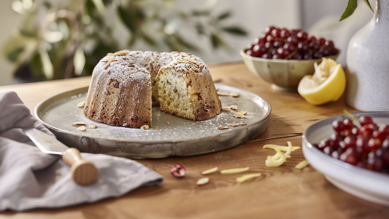 Ein runder, gefrosteter Kuchen mit mandelartigen Toppings steht auf einem flachen Teller. Ein Stück ist herausgeschnitten, und der Kuchen hat eine helle, luftige Textur. Im Hintergrund sind eine Schüssel mit Trauben und eine halbierte Zitrone zu sehen.