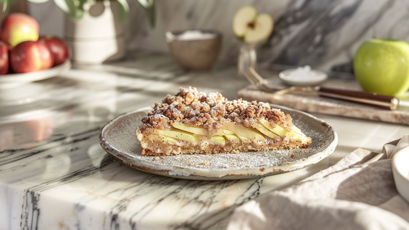 Ein Stück Apfelkuchen auf einem Teller, garniert mit zerkrümeltem Belag und Puderzucker. Im Hintergrund sind Äpfel und eine Schüssel zu sehen. Die Kuchenoberfläche ist knusprig und goldbraun, während die Apfelstücke innen saftig wirken. Die Szene wirkt hell und einladend.