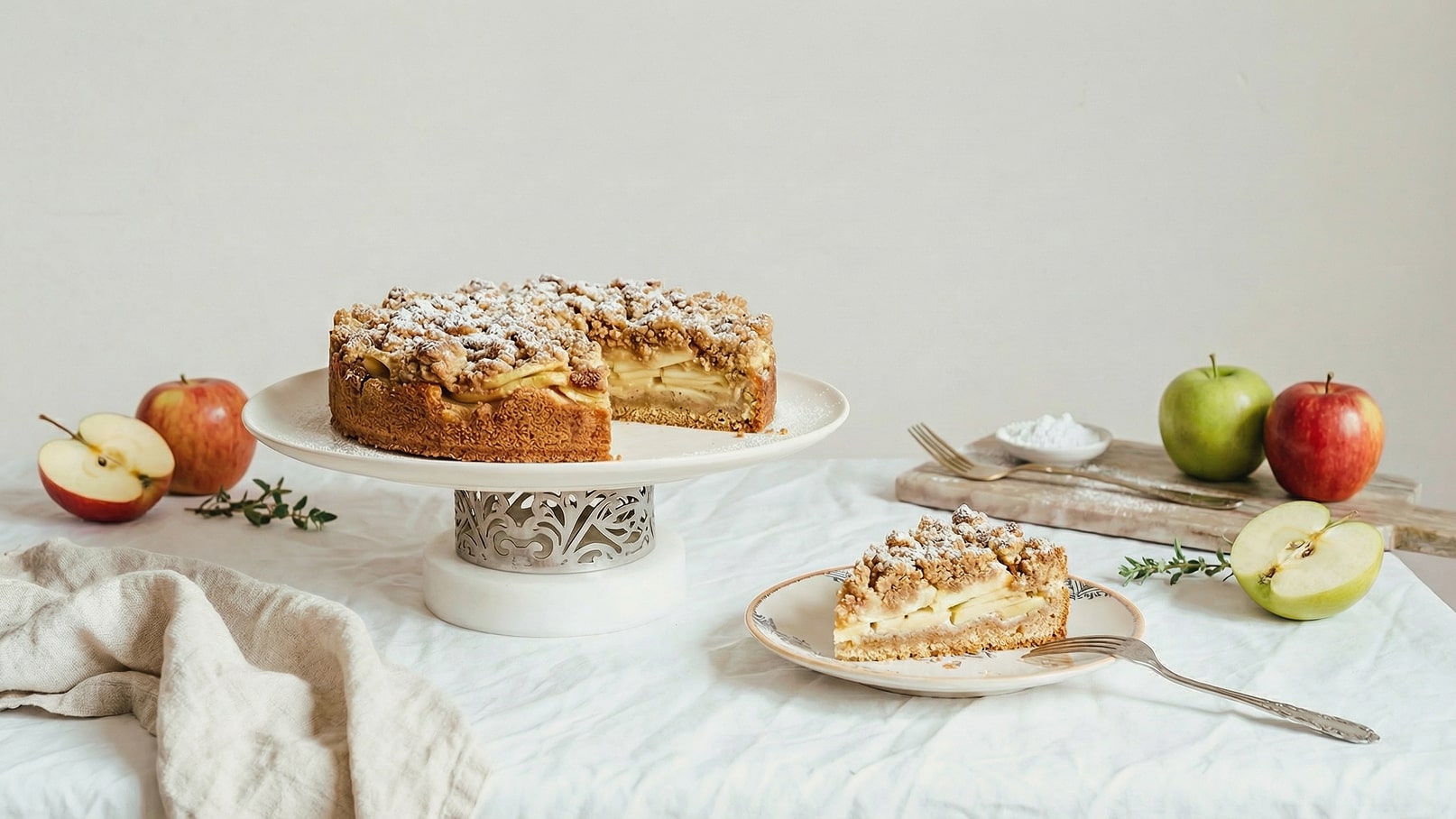 Ein Apfelkuchen mit knusprigem Streusel-Topping auf einem weißen Teller, daneben ein Stück Kuchen. Rote und grüne Äpfel sind um den Kuchen herum platziert. Der Tisch ist mit einer hellen Decke bedeckt.
