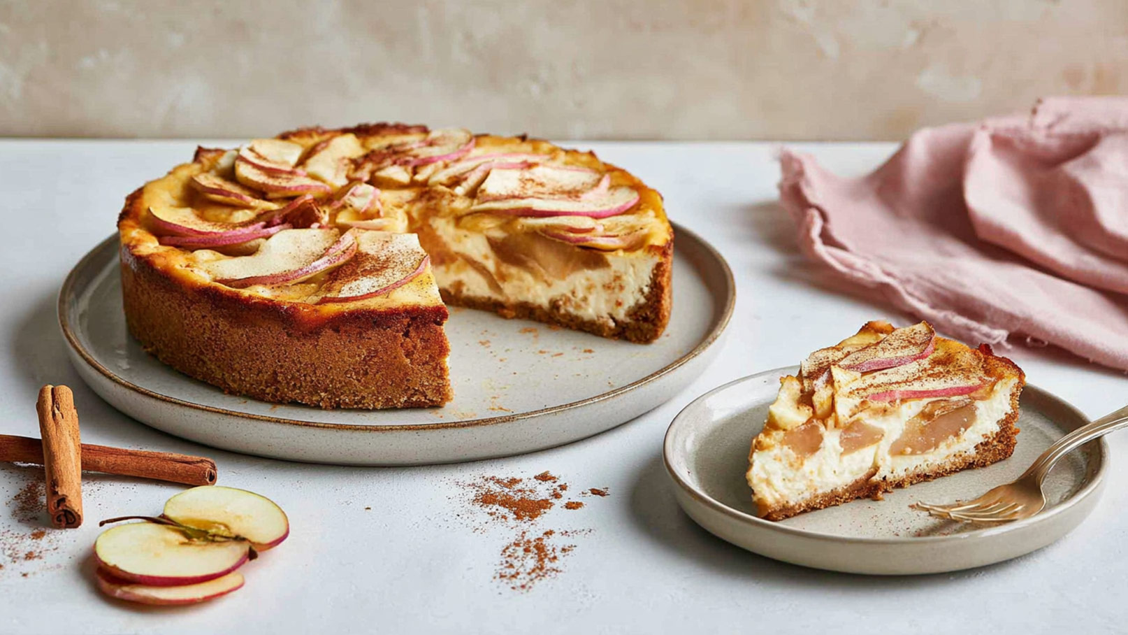 Ein köstlicher Apfelkuchen mit einer goldbraunen Oberfläche, dekoriert mit dünn geschnittenen Äpfeln und einer Prise Zimt. Ein Stück des Kuchens liegt auf einem kleinen Teller, daneben eine Gabel. Der Kuchen hat eine cremige Füllung und einen knusprigen Boden.