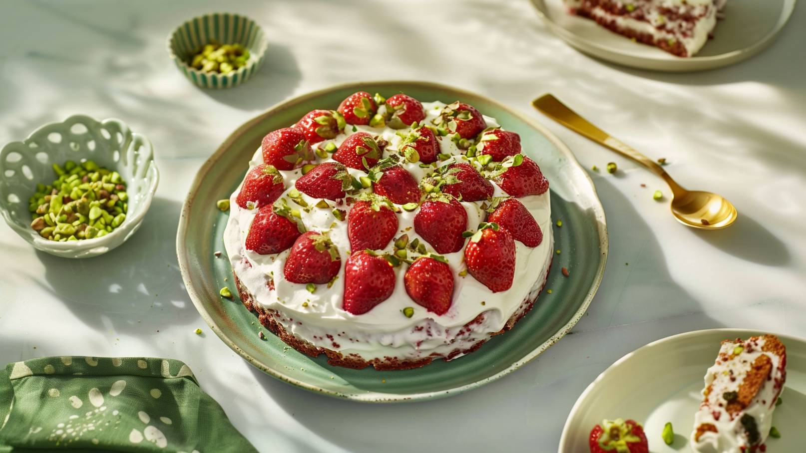 Ein runder Erdbeerkuchen mit einer cremigen Schicht und frischen Erdbeeren, garniert mit gehackten Pistazien. Der Kuchen steht auf einem eleganten Teller, während ein Stück auf einem weiteren Teller nebenan erscheint. Der Hintergrund ist hell und leicht strukturiert.