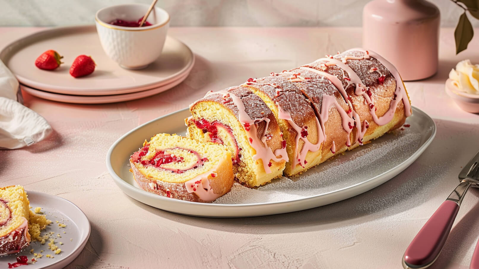 Auf einem weißen Teller liegt ein aufgeschnittener Biskuit-Rollkuchen mit einer Füllung aus roter Marmelade. Der Kuchen ist mit einer rosa Glasur und Puderzucker dekoriert, umgeben von frischen Erdbeeren und schlichten Geschirrteilen auf einem rosa Hintergrund.