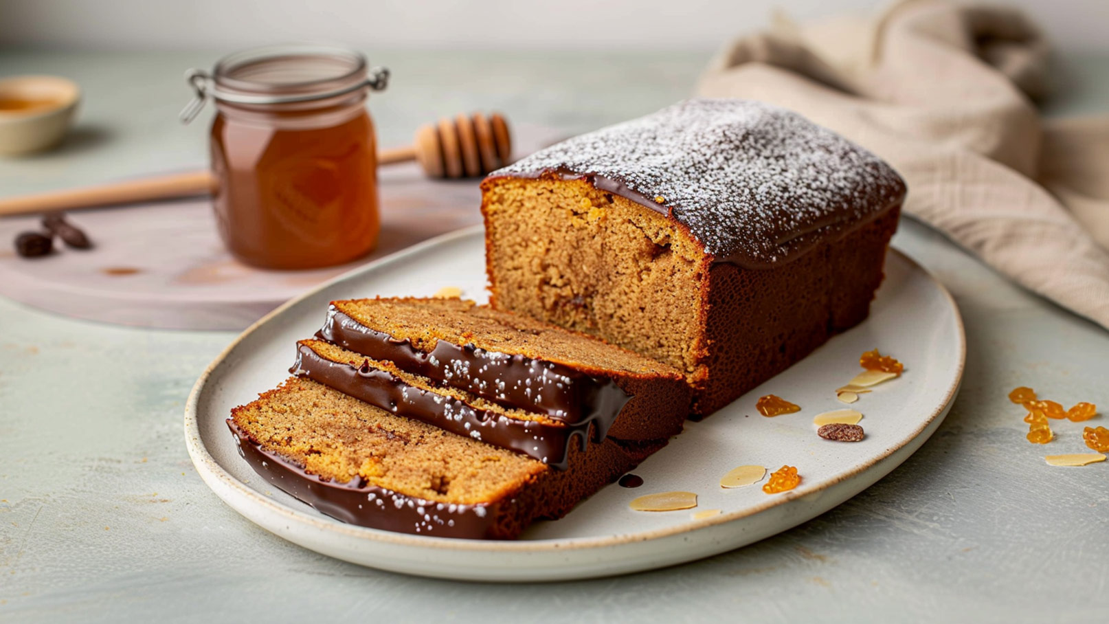 Ein frisch gebackener Kuchen, mit Schokolade überzogen, steht auf einem Teller. Ein Stück Kuchen ist bereits geschnitten. Neben dem Kuchen befindet sich ein Glas Honig und einige kleine, getrocknete Früchte. Die Präsentation ist ansprechend und lädt zum Genießen ein.
