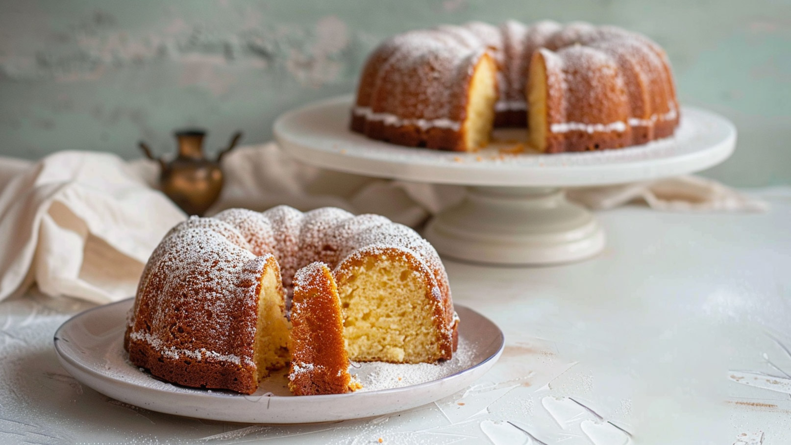 Auf dem Bild stehen zwei Gugelhupfkuchen, einer auf einem Teller und einer auf einem Kuchenständer. Der Kuchen ist goldbraun und mit Puderzucker bestäubt. Ein Stück des Kuchens ist abgeschnitten, was die luftige, saftige Textur zeigt.