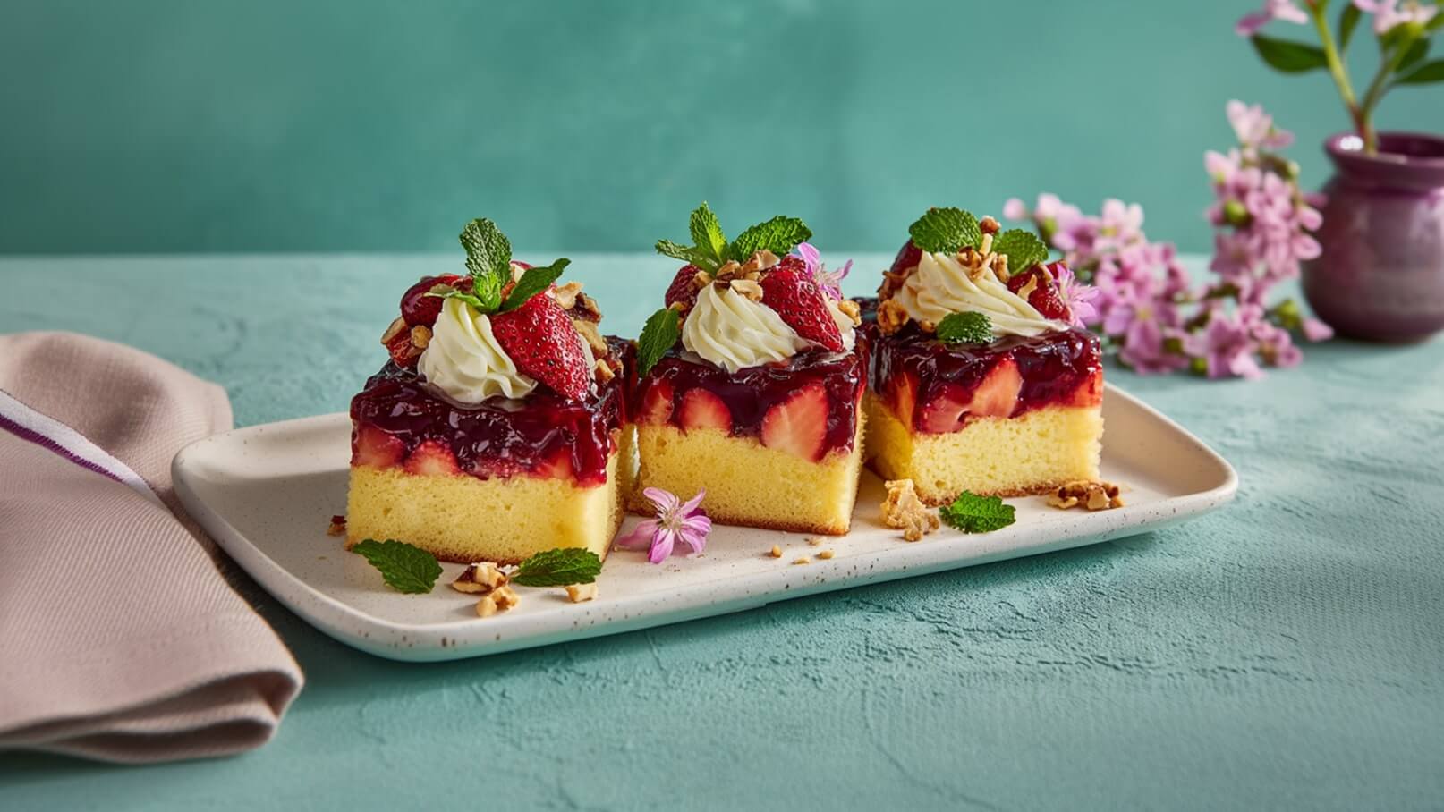 Auf einem weißen Teller stehen drei Stücke Kuchen. Jeder Kuchen ist mit Erdbeeren, einer Schicht Gelee, Sahne und Minzblättern dekoriert. Im Hintergrund sind zarte Blumen und eine kleine Vase sichtbar. Der Tisch hat eine sanfte, grüne Farbe.