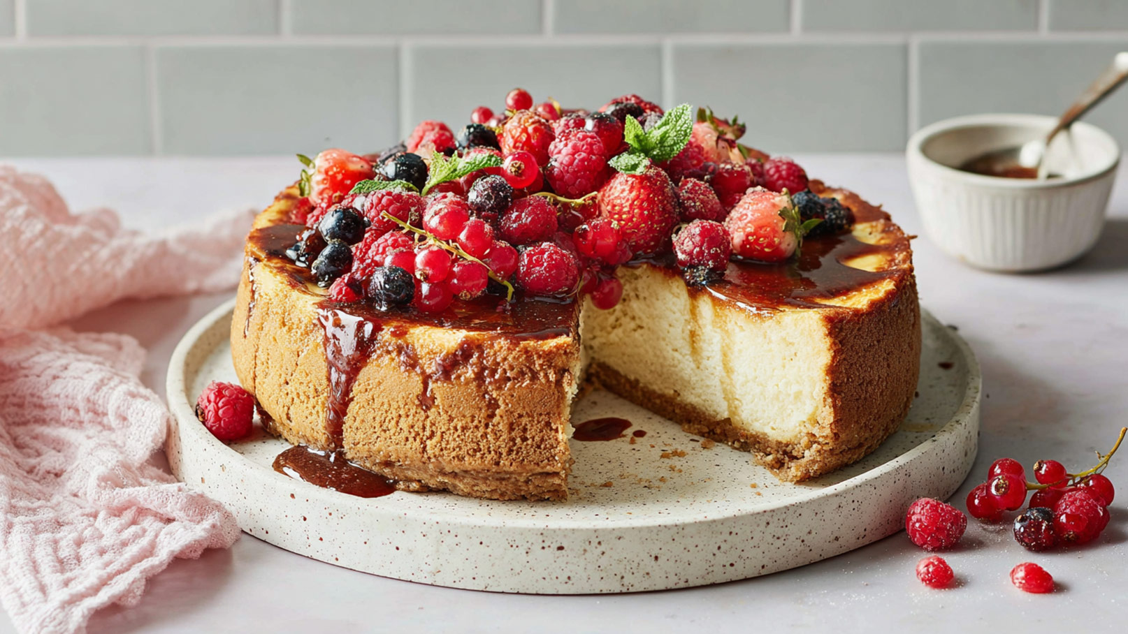 Ein saftiger Käsekuchen auf einem runden Teller, garniert mit einer Vielzahl frischer Beeren, darunter Himbeeren, Erdbeeren und schwarze Johannisbeeren. Eine kleine Portion des Kuchens ist herausgeschnitten, und die Oberfläche glänzt leicht durch eine Fruchtsauce.