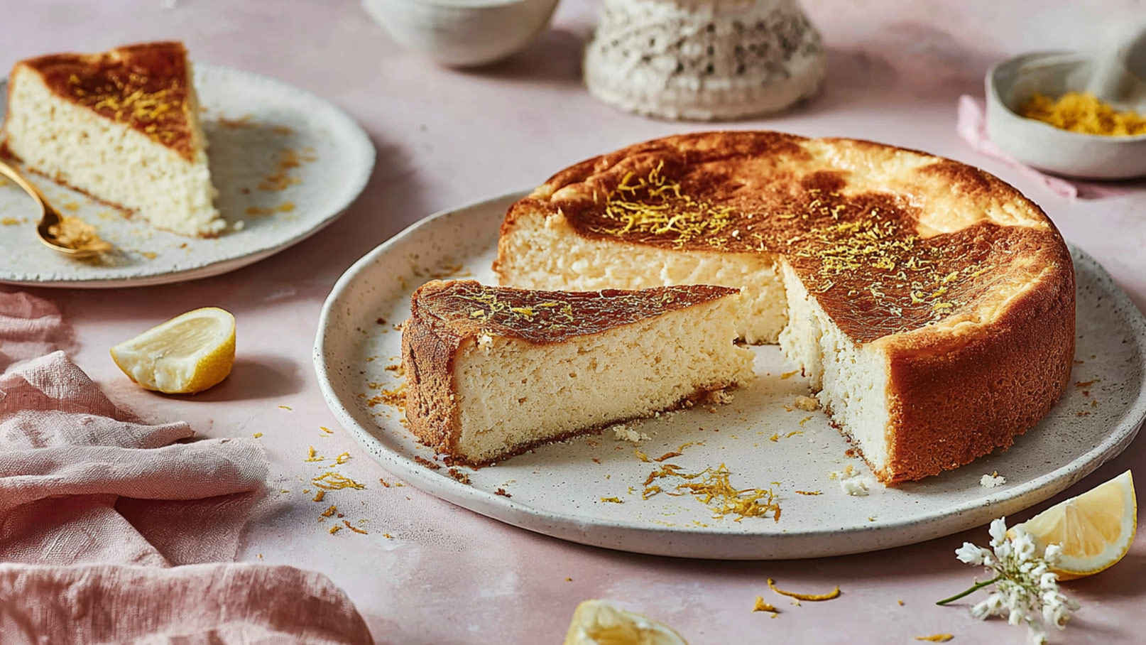 Ein frisch gebackener Käsekuchen auf einem runden Teller. Ein Stück ist herausgeschnitten und auf einem anderen Teller platziert. Der Kuchen hat eine goldene, leicht angebräunte Oberfläche und ist mit Zitronenschalen bestreut. Neben dem Kuchen liegt eine Zitronenscheibe.