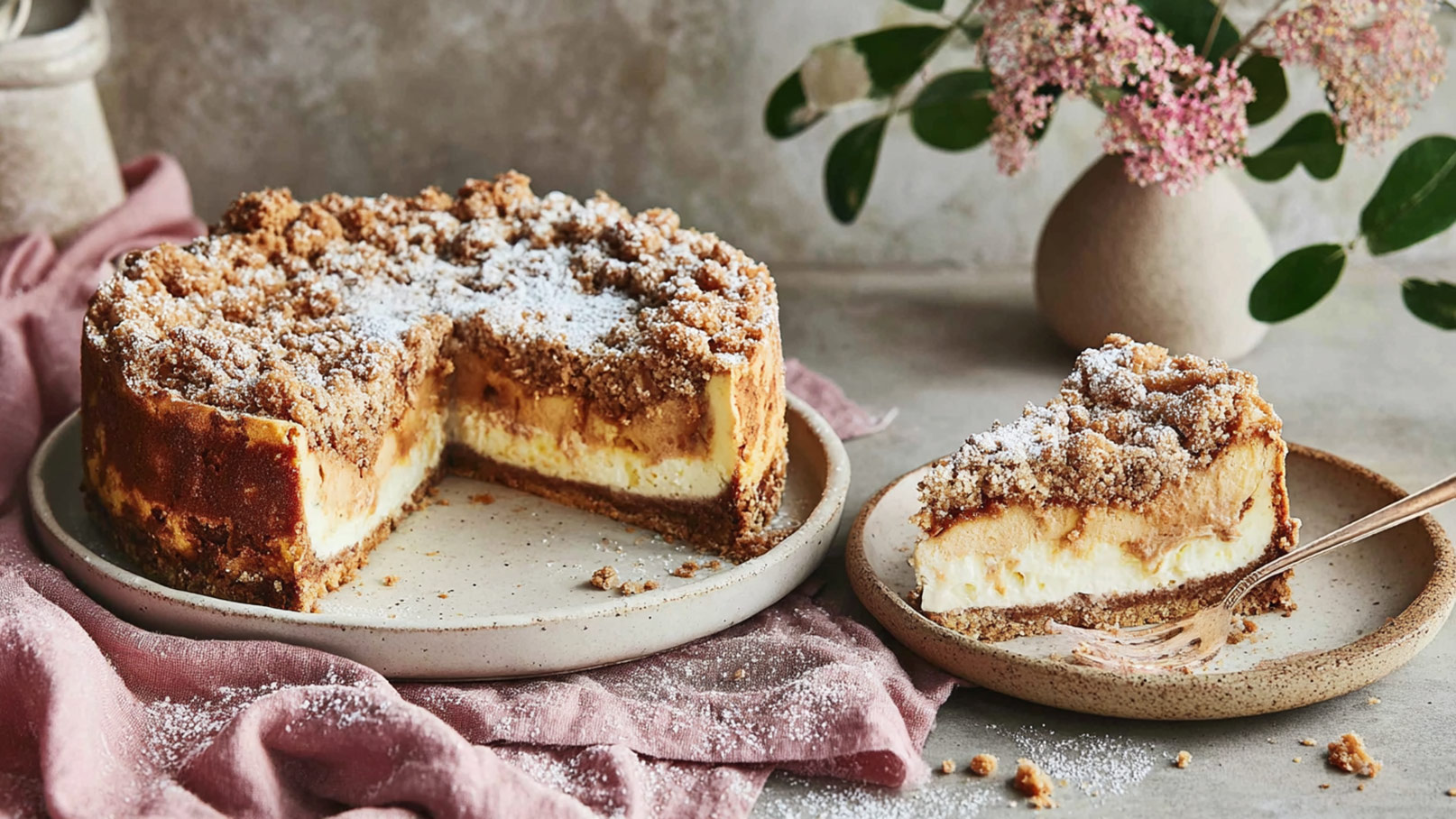 Ein Stück Käsekuchen mit einer krümeligen Oberseite liegt auf einem kleinen Teller. Der Kuchen hat eine schichtartige Struktur mit einer cremigen Füllung und einer goldbraunen Kruste. Im Hintergrund sieht man eine zarte Tischdecke und eine Vase mit Blumen.
