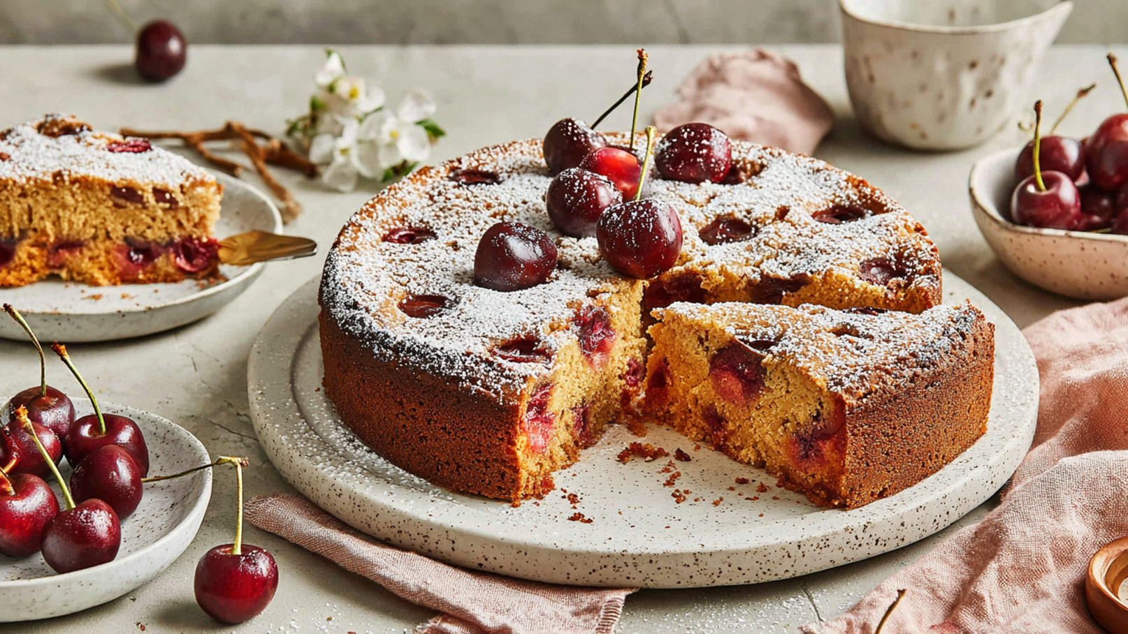 Ein frisch gebackener Kirschkuchen, auf einem rustikalen Teller serviert, mit einer großzügigen Puderzucker-Bestäubung. Ein Stück des Kuchens ist bereits herausgeschnitten, und frische Kirschen sind um den Kuchen sowie auf einem kleinen Teller angeordnet.