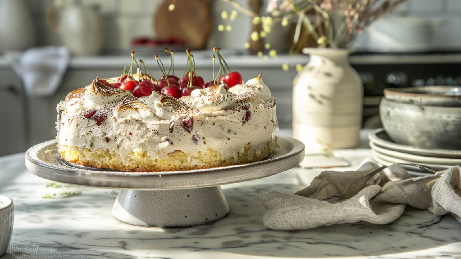 Ein auf einem Teller prähierter Kuchen mit einer cremigen Schicht und einem Topping aus Kirschen. Der Kuchen steht auf einem marmorierten Tisch, umgeben von Geschirr und dekorativen Elementen. Die Szene vermittelt eine einladende, gemütliche Atmosphäre.