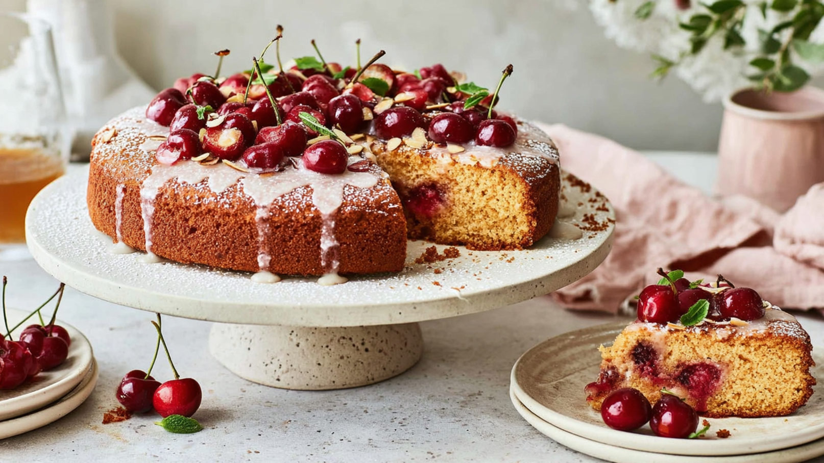 Ein saftiger Kuchen auf einem Teller, dekoriert mit frischen Kirschen und einem Zuckerguss. Einige Kirschen liegen neben dem Kuchen, und ein Stück ist abgeschnitten, sodass die innere Füllung sichtbar wird. Der Hintergrund ist schlicht und hell.