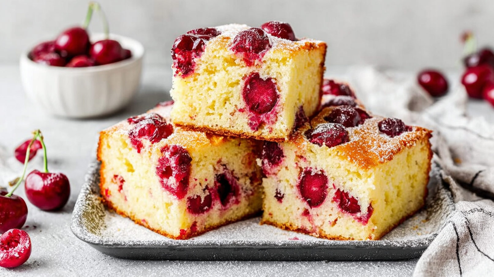 Drei Stücke Kuchen mit saftigen Kirschen sind auf einem schwarzen Teller angeordnet. Der Kuchen hat eine goldene Oberfläche und ist mit Puderzucker bestäubt. Im Hintergrund befindet sich eine Schüssel mit weiteren Kirschen.