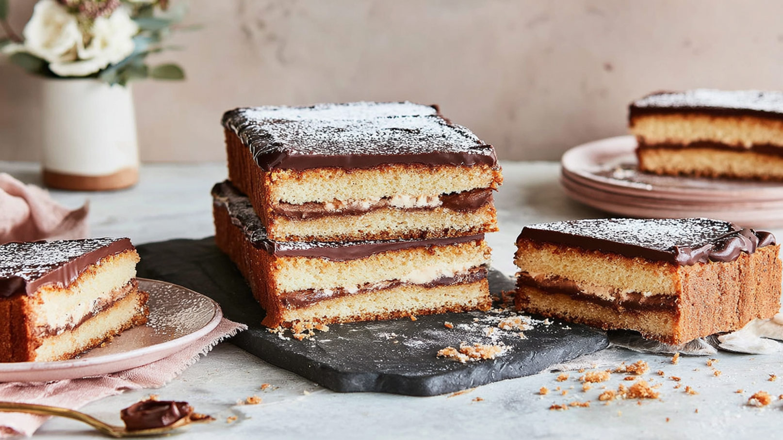 Ein geschichteter Kuchen auf einem schwarzen Tischtuch. Der Kuchen hat zwei helle Schichten mit einer cremigen Füllung und ist mit einer glänzenden Schokoladenglasur überzogen. Einige Stücke sind auf einer beige Servierplatte angerichtet, und Feingebäck liegt verstreut auf dem Tisch.