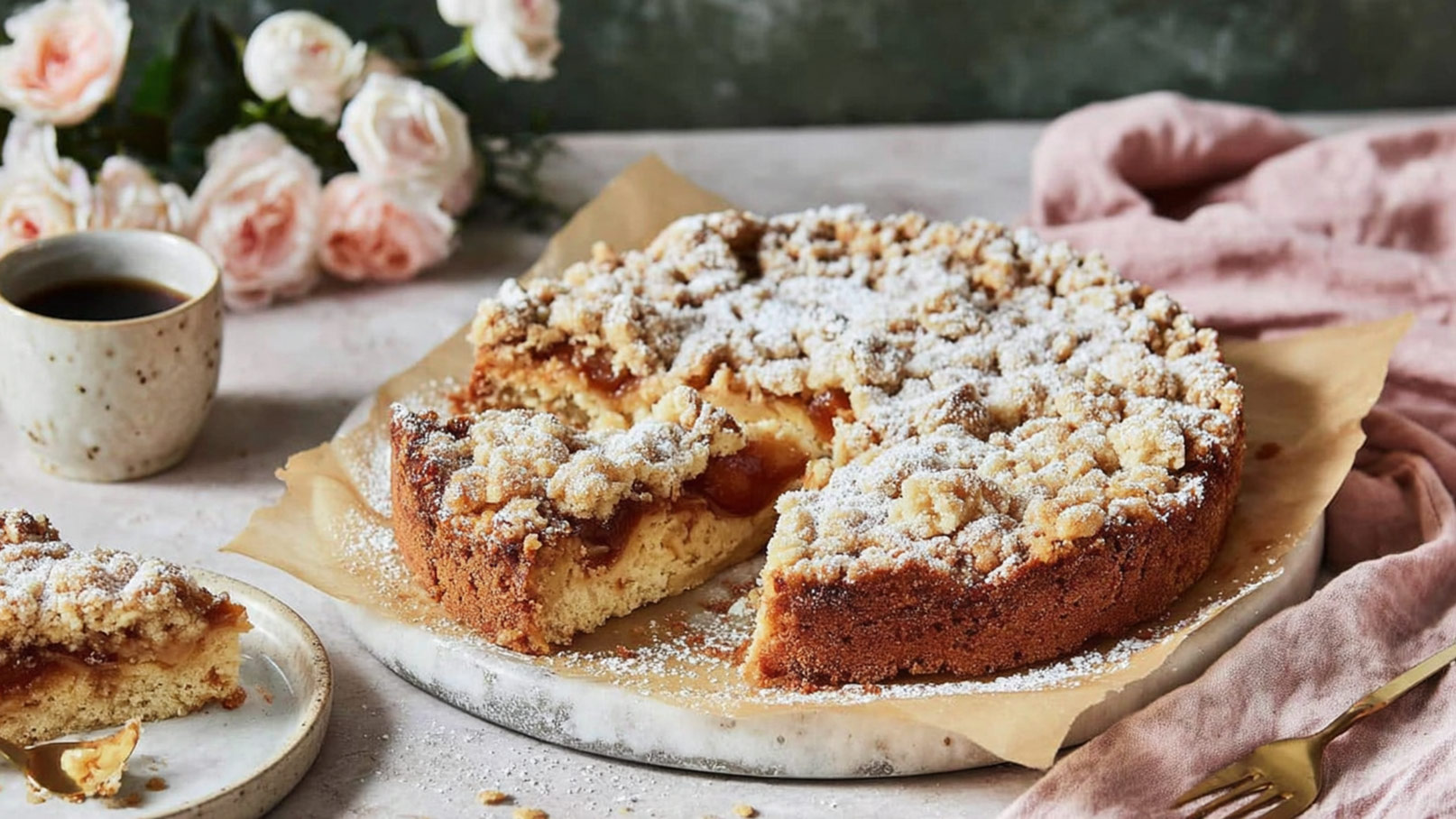 Ein frisch gebackener Kuchen mit einer knusprigen Streuselschicht ist auf einem Marmorbrett platziert. Ein Stück ist bereits herausgeschnitten und auf einem kleinen Teller. Neben dem Kuchen steht eine Tasse Kaffee.