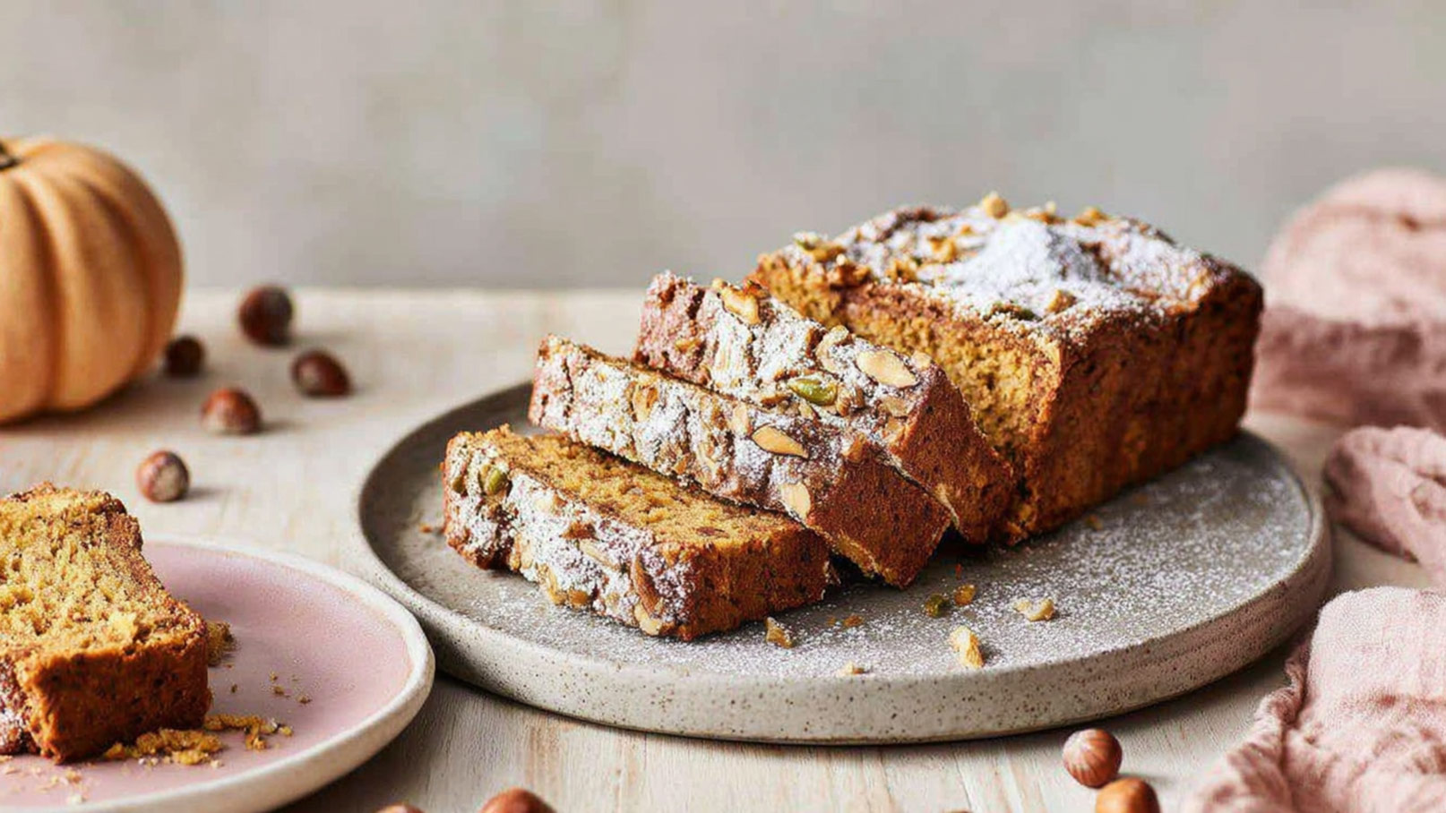 Ein frisch gebackener Brotlaib, geschnitten in dicke Scheiben, die mit Nüssen und Kürbiskernen verziert sind. Das Brot liegt auf einem grauen Teller, umrundet von Haselnüssen. Im Hintergrund ist ein kleiner Kürbis zu sehen.