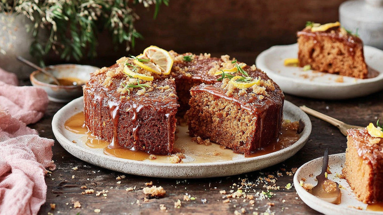 Ein saftiger Kuchen mit einer glänzenden Glasur, dekoriert mit kandierten Zitronenscheiben und frischen Kräutern. Er ist auf einem rustikalen Teller angerichtet, mit einigen Krümeln um die Basis und einem Stück auf einem kleinen Teller daneben.
