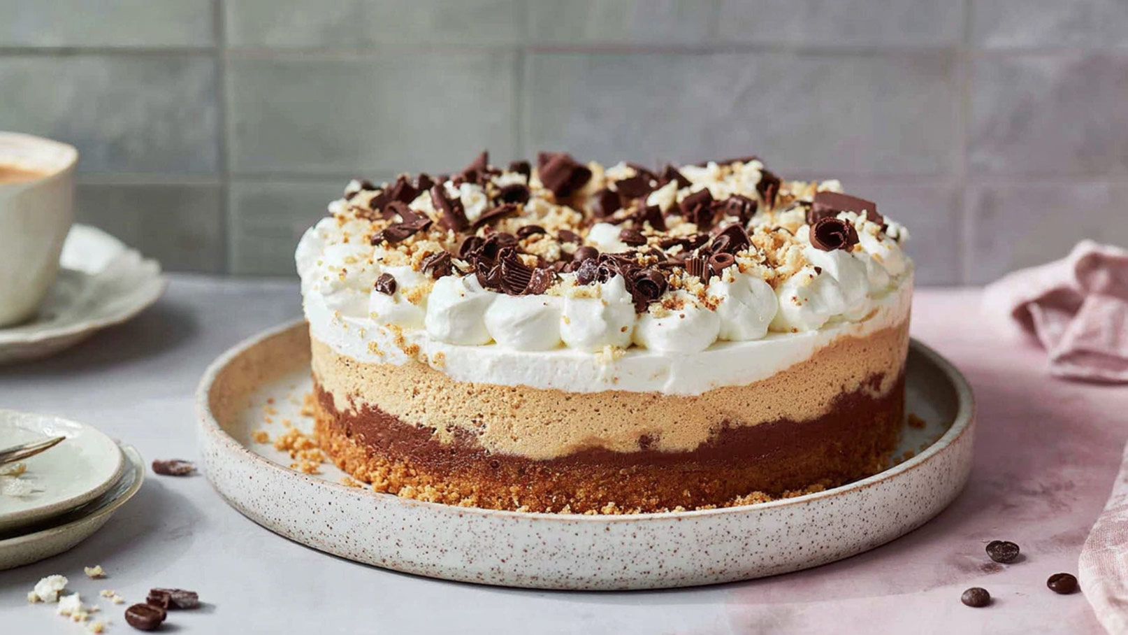 Ein köstlicher, mehrschichtiger Torte auf einem weißen Teller. Die oberste Schicht besteht aus einer fluffigen Sahnehaube, dekoriert mit Schokoladenraspeln und Keksbröseln. Darunter sind Schichten in verschiedenen Brauntönen sichtbar, die auf eine cremige Füllung hinweisen. Im Hintergrund ist eine Tasse Kaffee zu sehen.