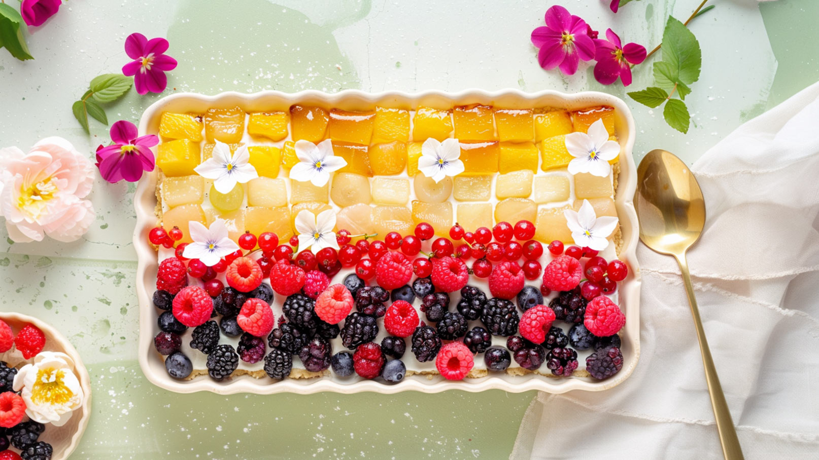 Ein dekorativer Obstkuchen in den Farben der deutschen Flagge: oben gelbe Früchte, in der Mitte rote Beeren und unten schwarze Beeren. Der Kuchen ist mit essbaren Blüten geschmückt und liegt auf einer grünen Unterlage, umgeben von blühenden Pflanzen und einer goldenen Löffel.