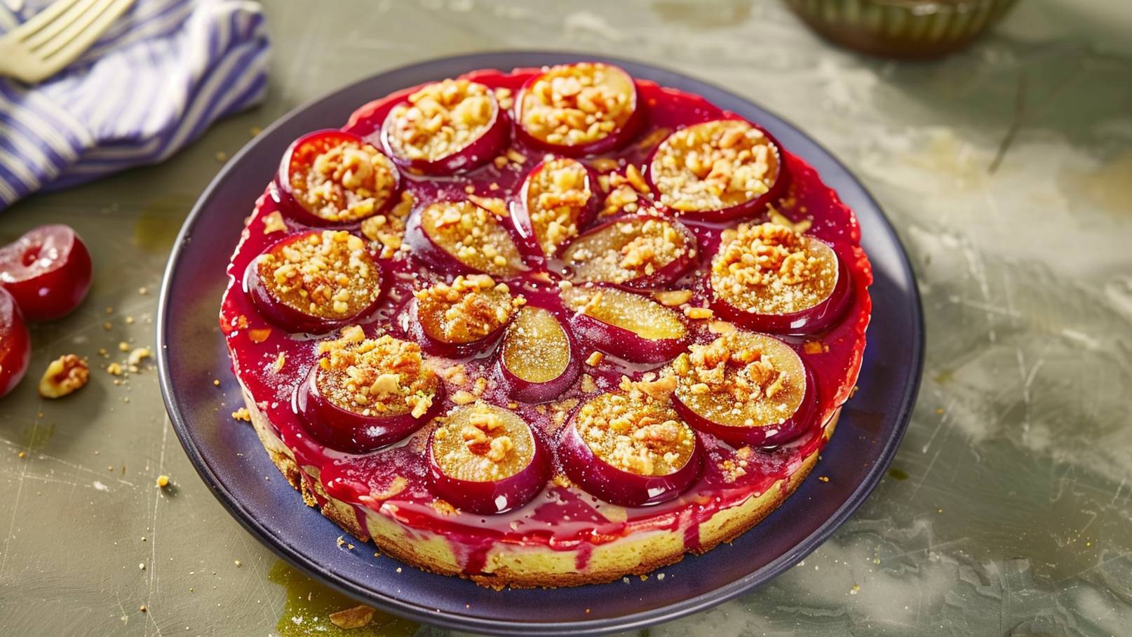 Ein runder, saftiger Kuchen mit einer Schicht aus rotem Fruchtgelee. Oben darauf liegen in Scheiben geschnittene Pflaumen, die mit gehackten Nüssen bestreut sind. Der Kuchen ist auf einem dunklen Teller platziert und wirkt ansprechend und einladend.