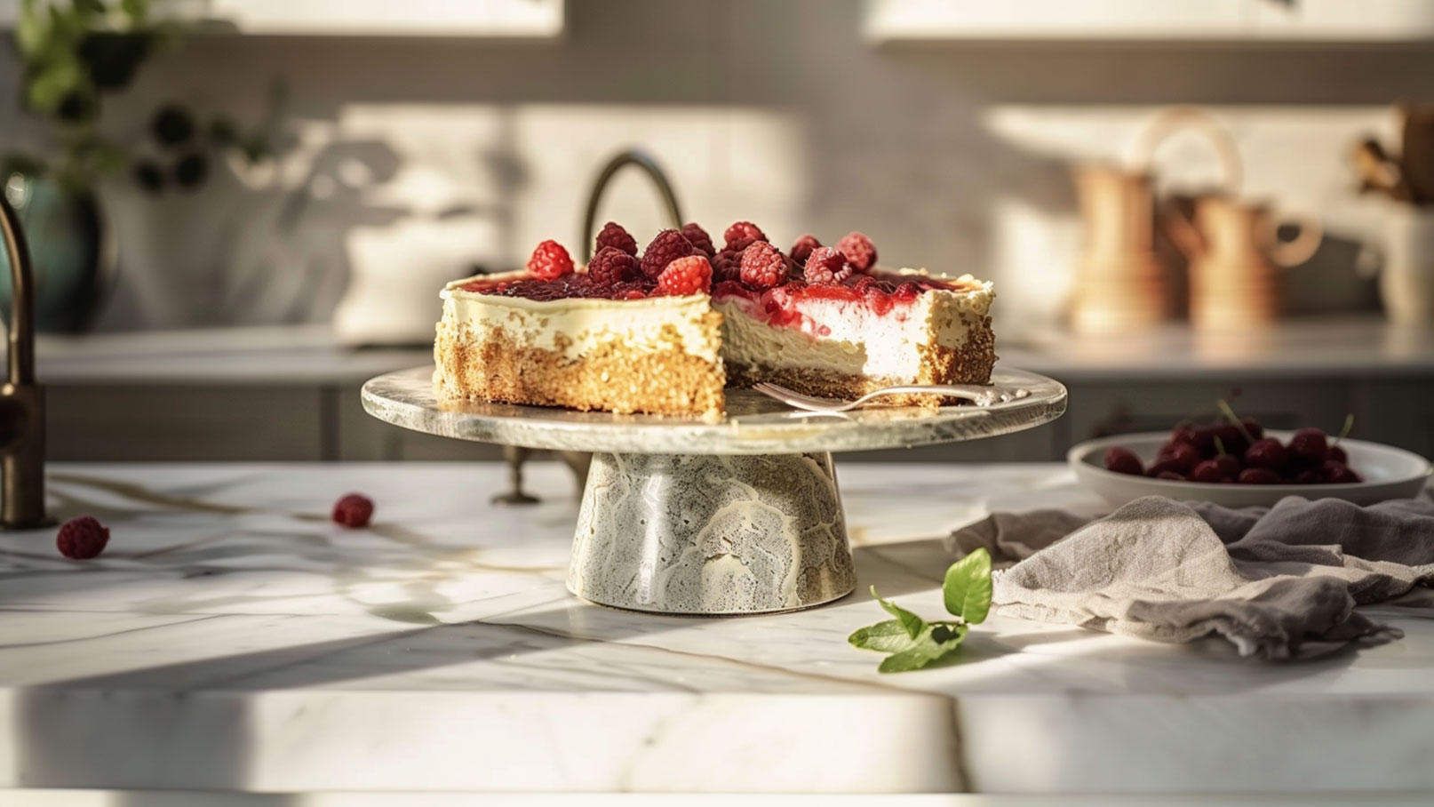 Ein cremiger Käsekuchen mit Himbeeren auf einem eleganten Ständer. Eine Portion des Kuchens ist herausgeschnitten, und frische Himbeeren schmücken die Oberfläche. Im Hintergrund sind Elemente einer modernen Küche zu erkennen.