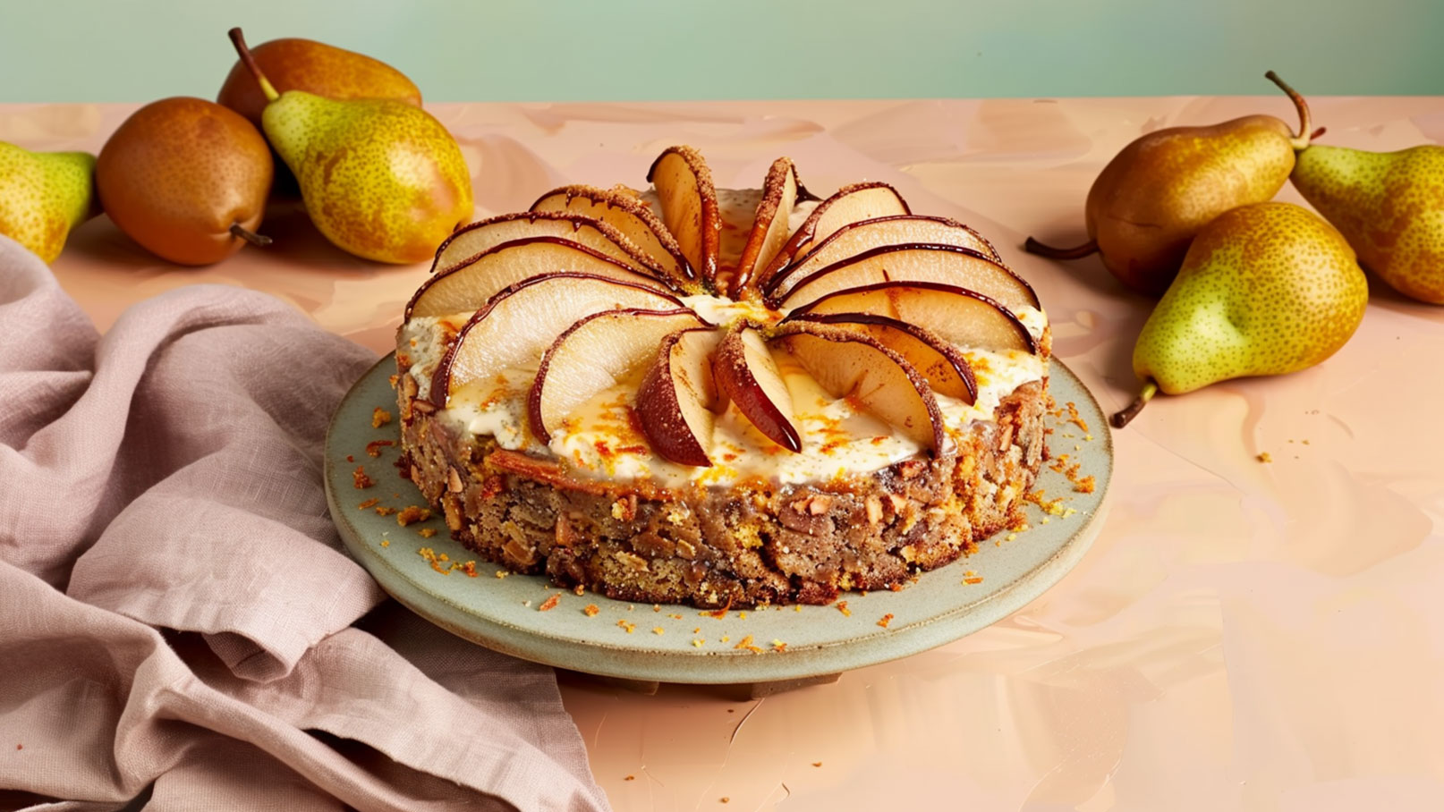 Ein dekorativer Kuchen mit einer cremigen Oberseite, belegt mit dünn geschnittenen Birnenscheiben, die in einer ansprechenden Anordnung angeordnet sind. Im Hintergrund sind einige frische Birnen sichtbar sowie ein zartes, helles Tuch.